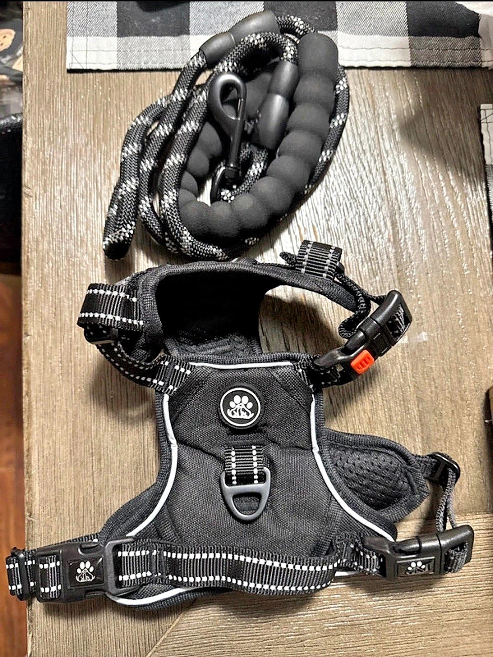 Black & White Dog Harness & Leash